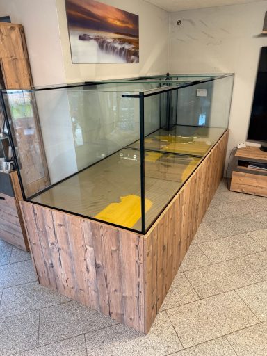 Großes Aquarienbecken mit Holzverkleidung in einem modernen Wohnraum.