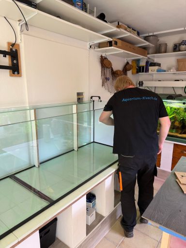 Ein großes, leeres Aquarium auf einem weißen Unterschrank steht in einem Raum.