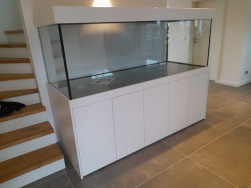 Ein großes, leeres Aquarium mit einem weißen Untergestell steht in einem hellen Raum.