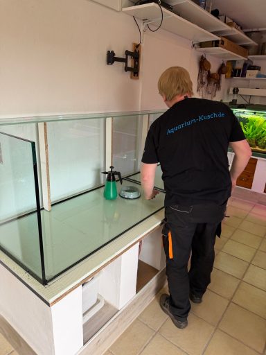 Ein großes, leeres Aquarium auf einem weißen Unterschrank steht in einem Raum.