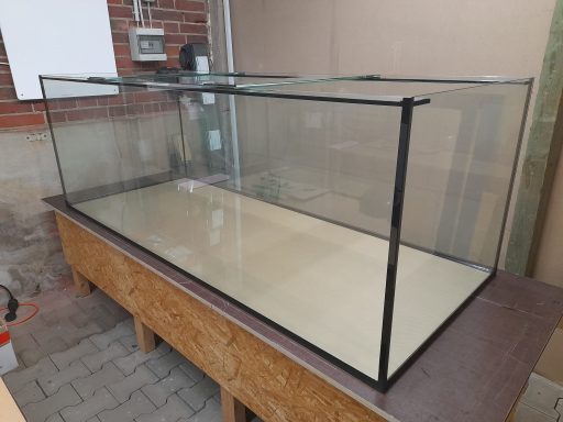 Ein großes, leeres Aquarium mit einem weißen Untergestell steht in einem hellen Raum.